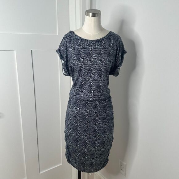 maje Blue & White Ruched Stretch Knit Dress - Size 3 (US M/L) - Paisley Swirl - Picture 2 of 11